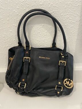 Michael Kors Bowling Black Pebbled Leather Shoulder Bag with Gold Hardware